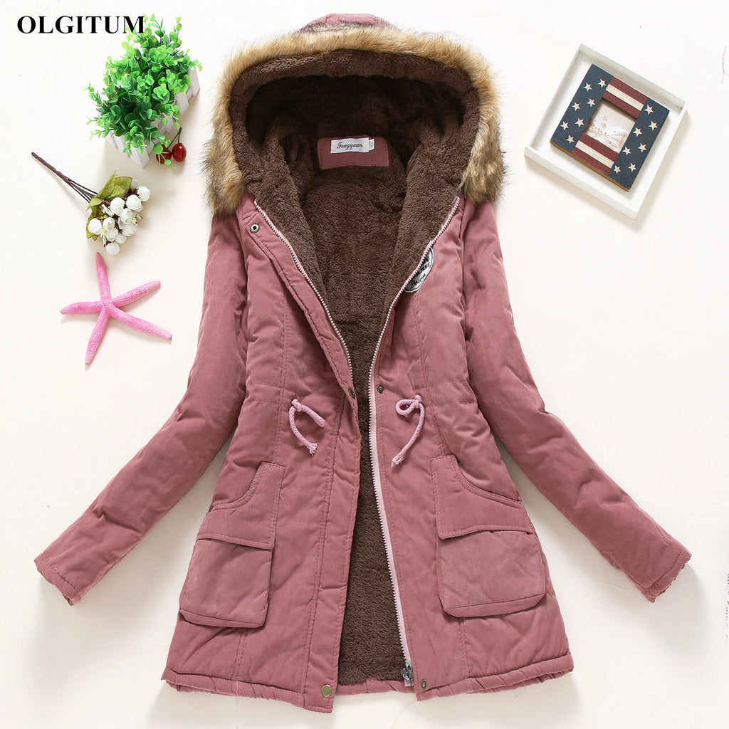 Women’s Military Hooded Puffer Parka – Cotton-Filled Fur-Trimmed Winter Coat