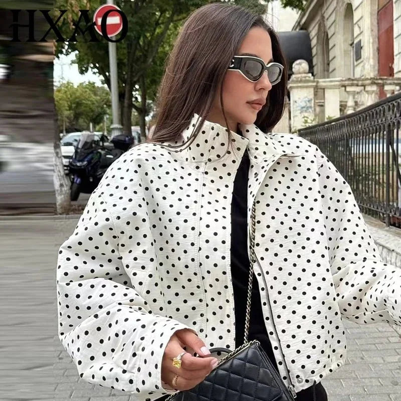 TrenLux Wear women's polka dot bomber jacket with oversized fit, zip-up front, long sleeves, and aviator-style collar.