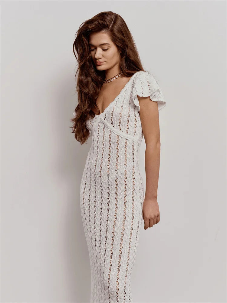 Ruffled V-Neck Hollow-Out Knit Maxi Dress