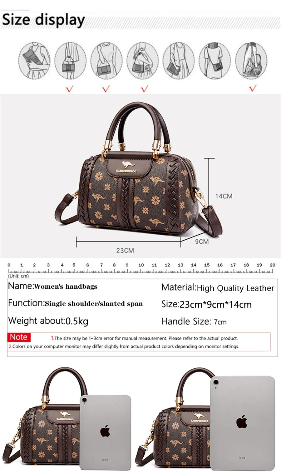 Brown handbag featuring floral prints, woven detailing, dual handles, and an adjustable shoulder strap.