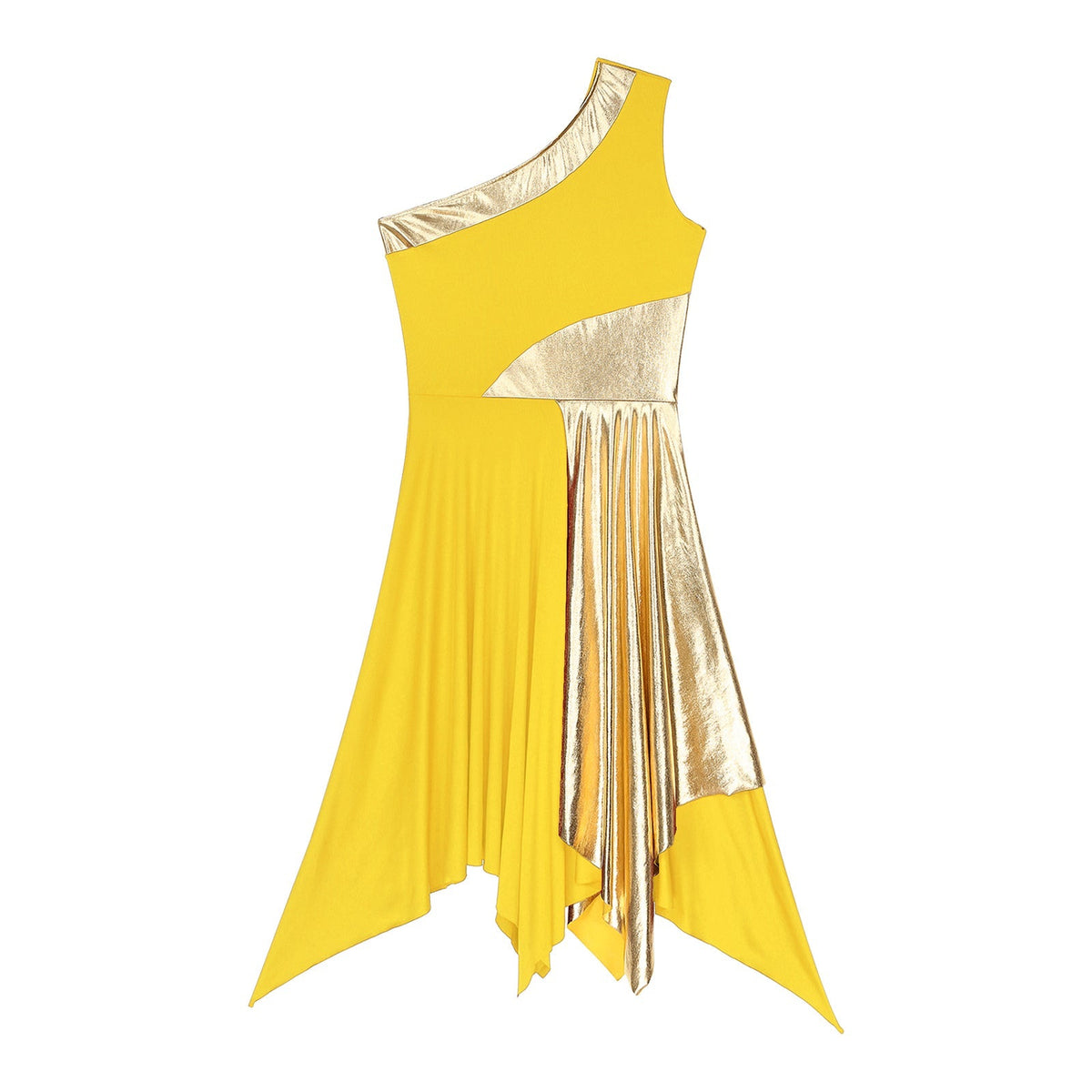 One-shoulder metallic performance dance dress by The Glow Sanctuary, stage and worship dancewear with shiny fabric and sleek fit