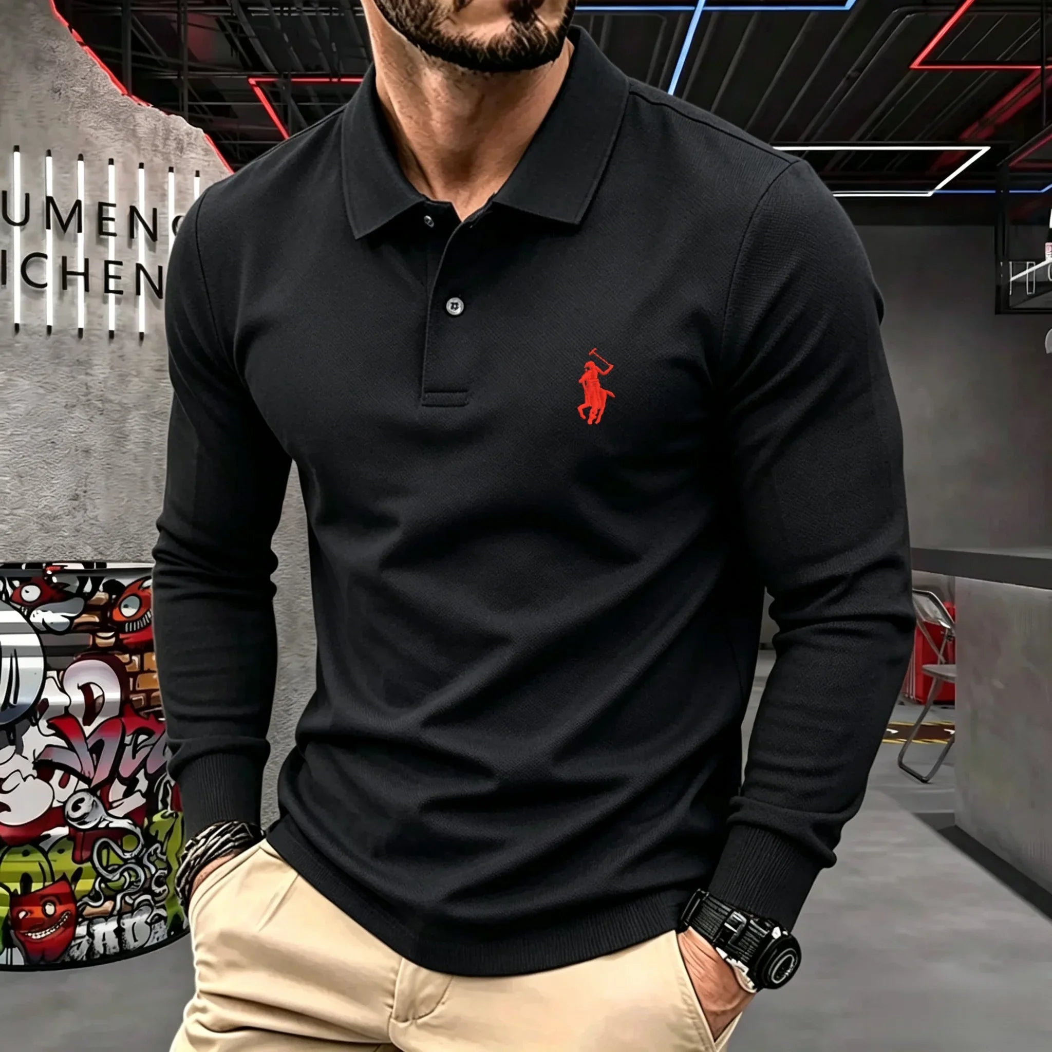 Men's Cotton Long-Sleeve Polo Shirt