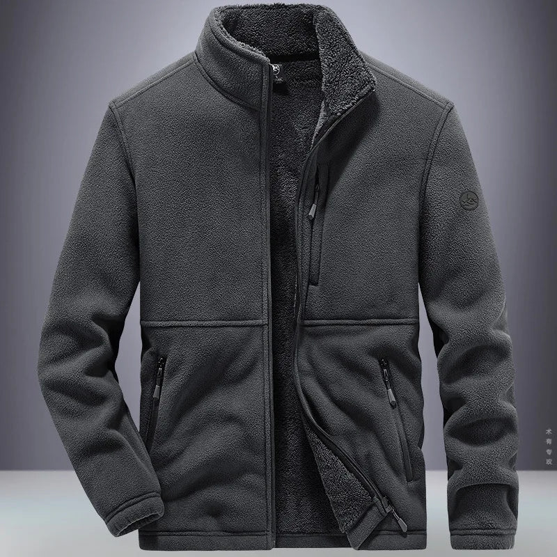 Men's fleece-lined hooded winter jacket by TrendLux Wear, zip-up casual coat in plus sizes S-6XL, front view with hood
