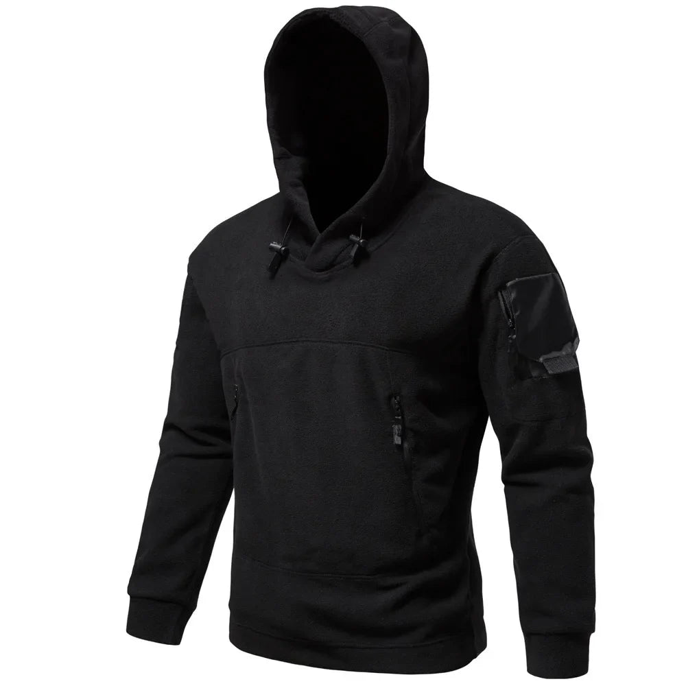 Men's tactical outdoor hoodie by TrendLux Wear, thick fleece sportswear for autumn and winter, shown in black, size medium.
