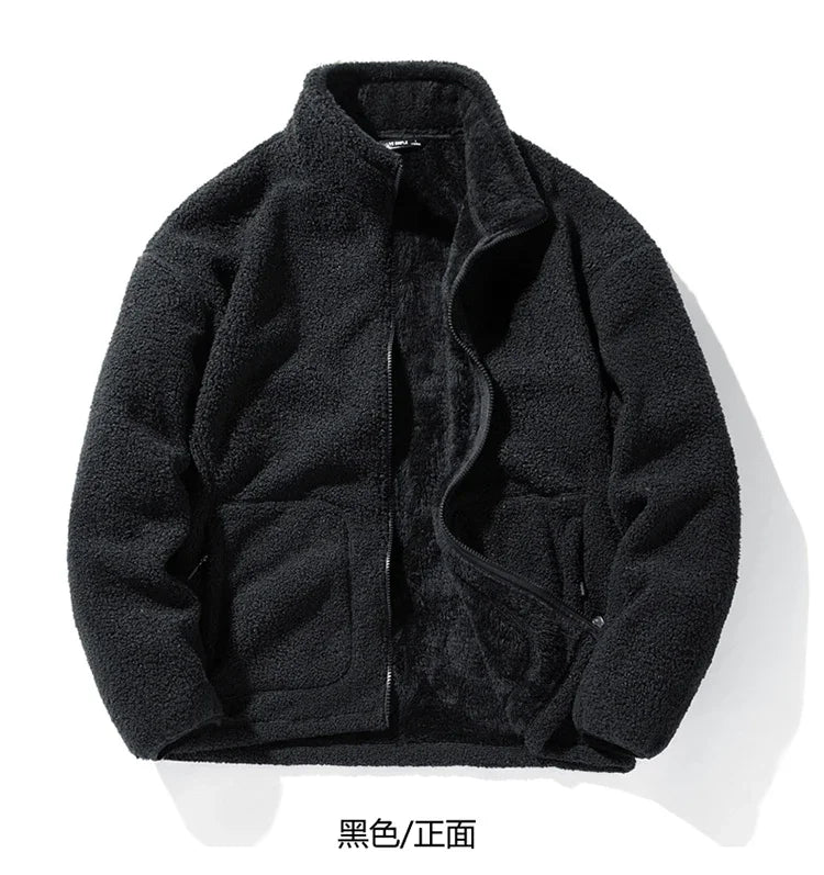 Men's loose fleece streetwear jacket with stand-collar from TrendLux Wear, shown in plus sizes, in black with cozy fabric.