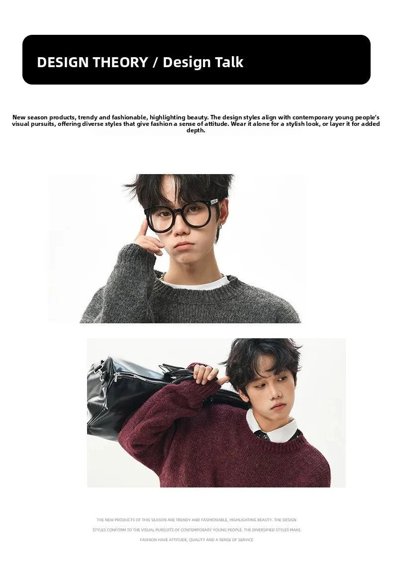 Men's oversized round neck pullover sweater by TrendLux Wear in warm polyester knit, shown in three colors.