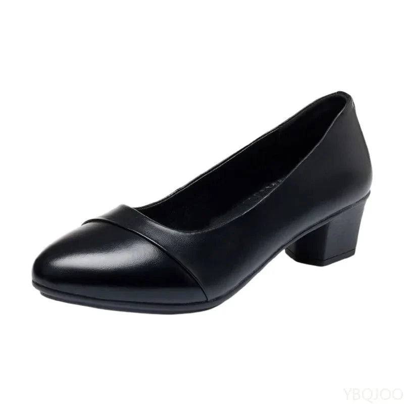 Women's mid heel slip-on pumps by TrendLux Wear with round toe, perfect for office work and professional attire.