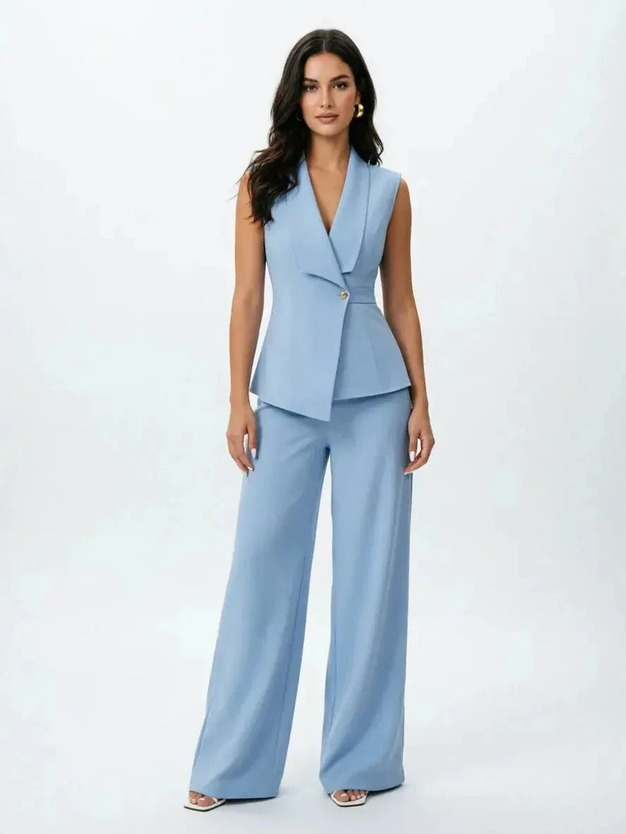 Women's sleeveless spring 2-piece suit by TrendLux Wear, featuring a stylish top and matching pants in a light fabric.