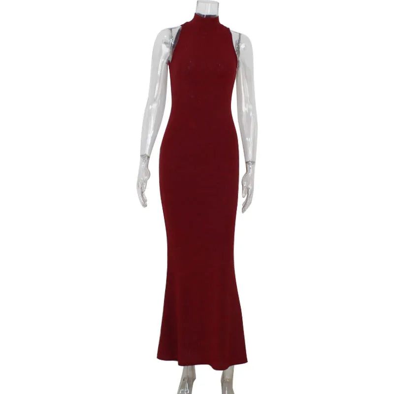 Red Sequin High-Neck Bodycon Maxi Dress
