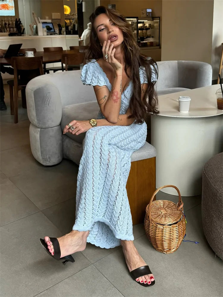 Ruffled V-Neck Hollow-Out Knit Maxi Dress