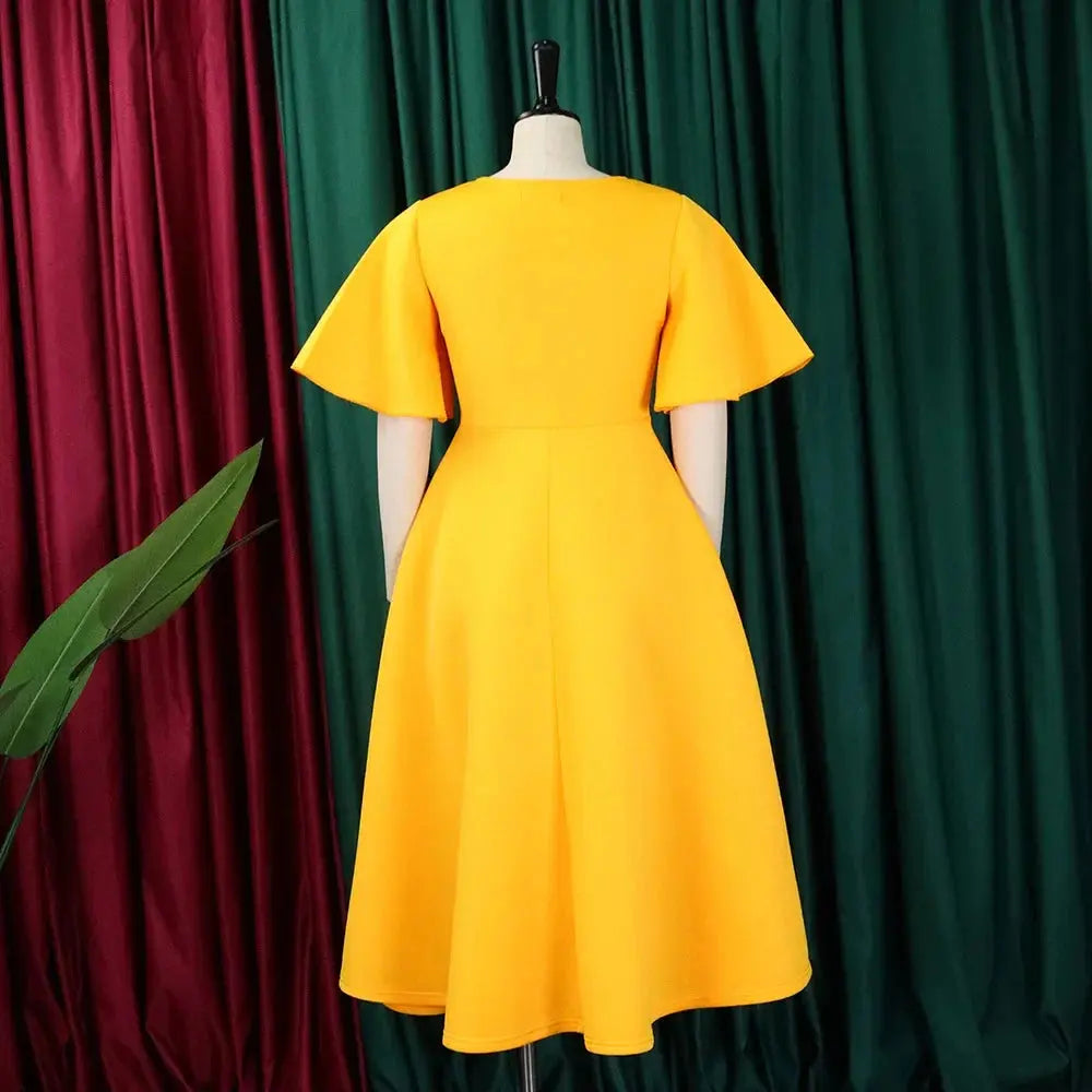 TrenLux Wear Women's Polyester High Waist Flare Sleeve Pleated A-Line Midi Dress The Glow Sanctuary