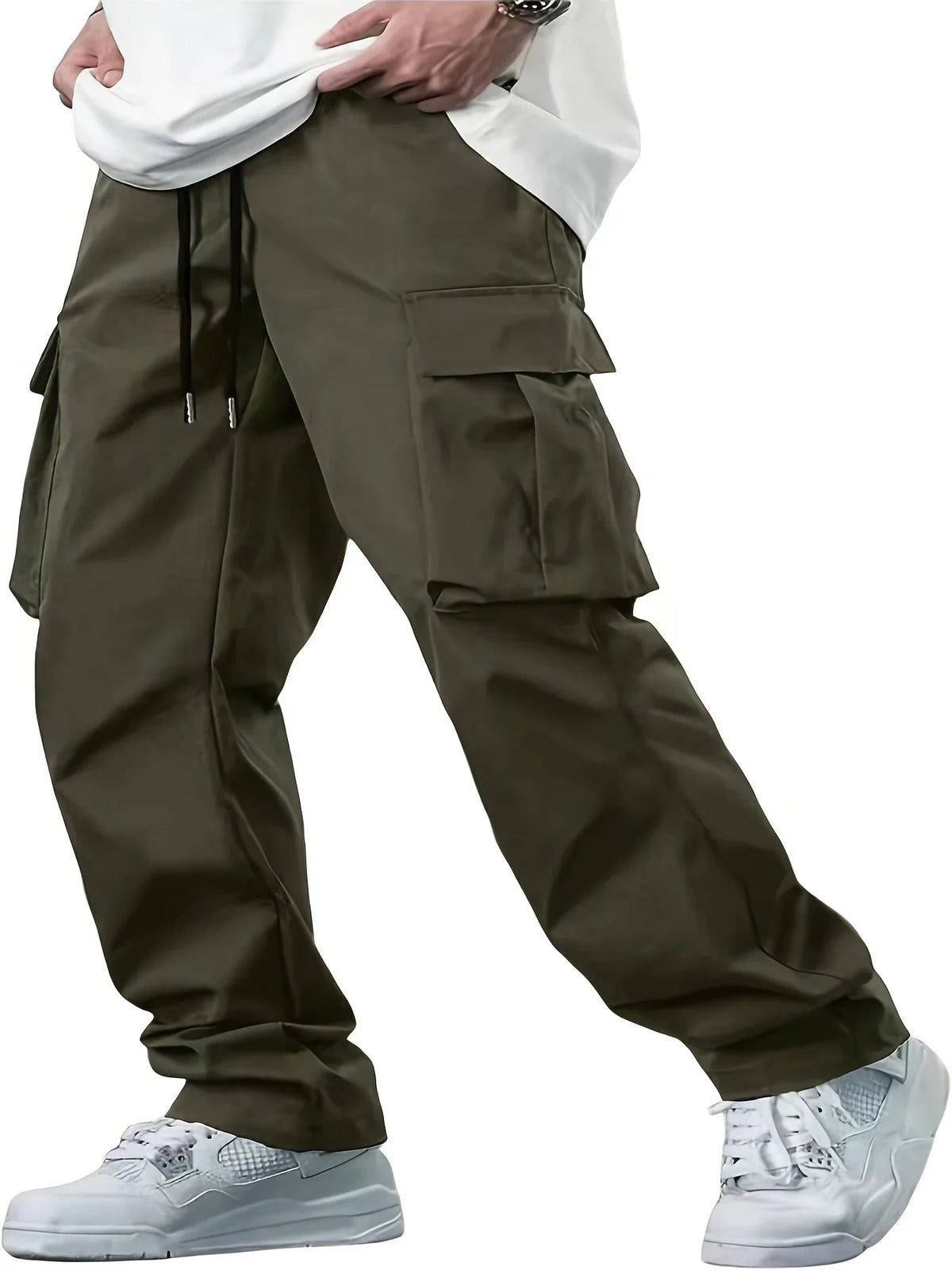 Men's loose straight cargo pants by TrendLux Wear in multi-pocket workwear style, shown in a neutral fabric and relaxed fit.
