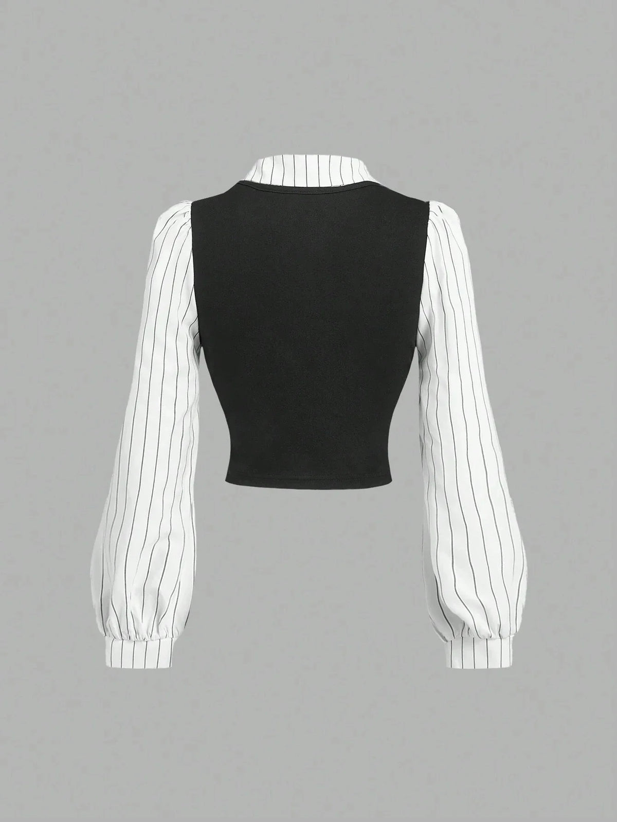 Women's striped 2-in-1 cropped top with v-neck and lantern sleeves from TrendLux Wear, perfect for spring and fall styling.