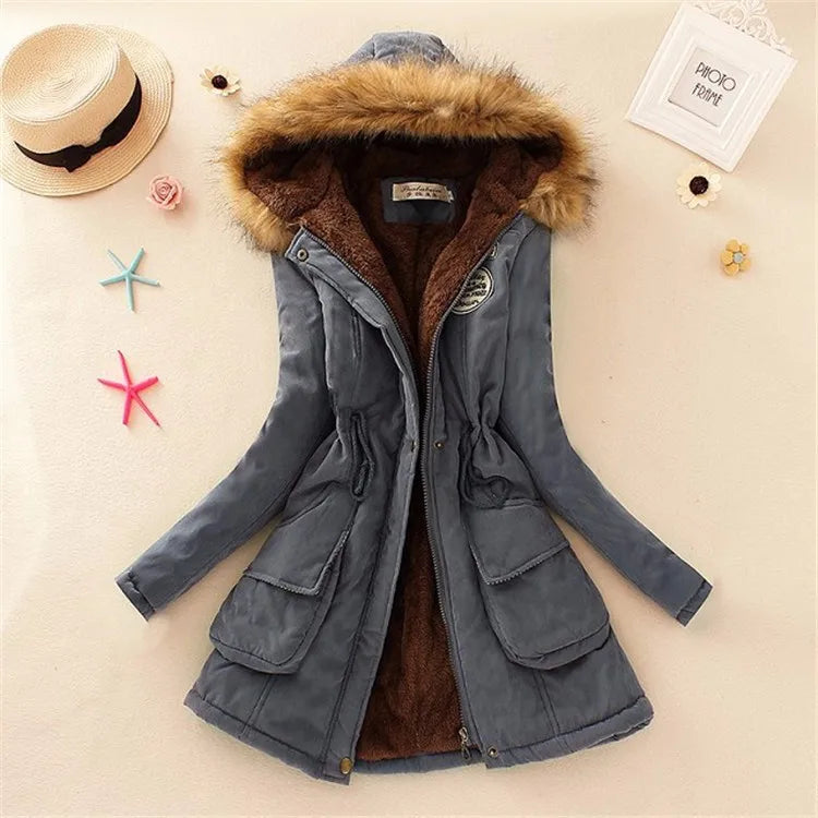 Women’s Military Hooded Puffer Parka – Cotton-Filled Fur-Trimmed Winter Coat
