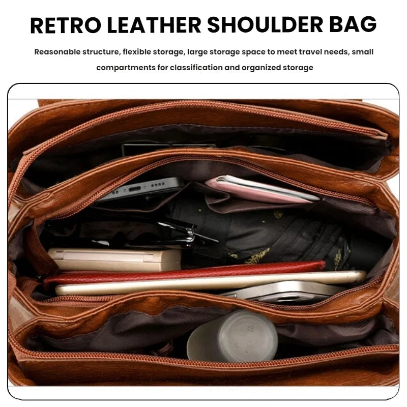Retro brown leather shoulder bag with a spacious interior, featuring multiple compartments for organized storage.