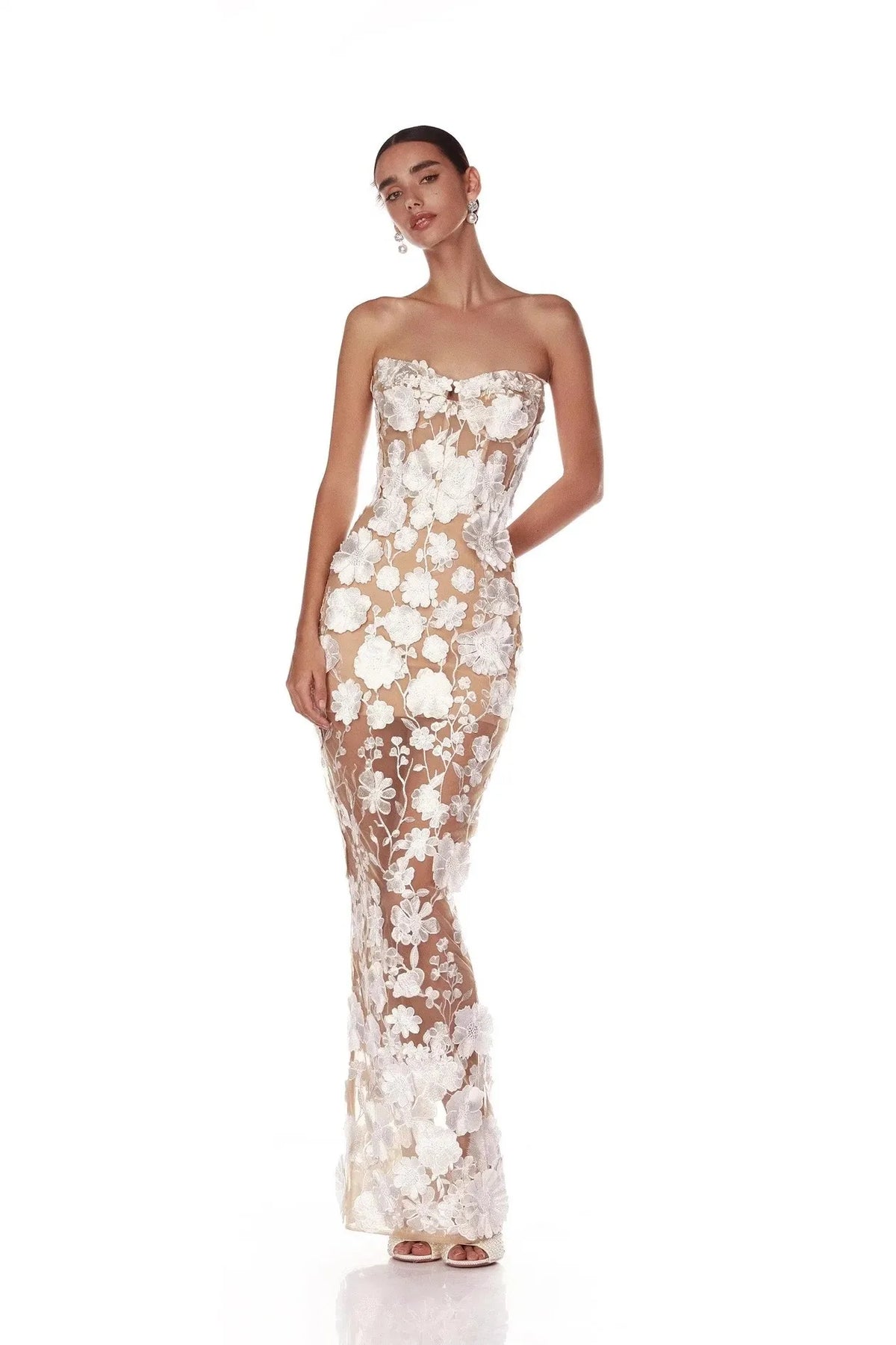 Floral Appliqué Strapless Sweetheart Evening Gown - TrendLux Wear
