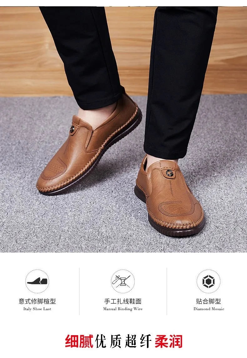 Men's genuine leather slip-on loafers by TrendLux Wear with breathable soft sole and moccasin-style casual shoe design.