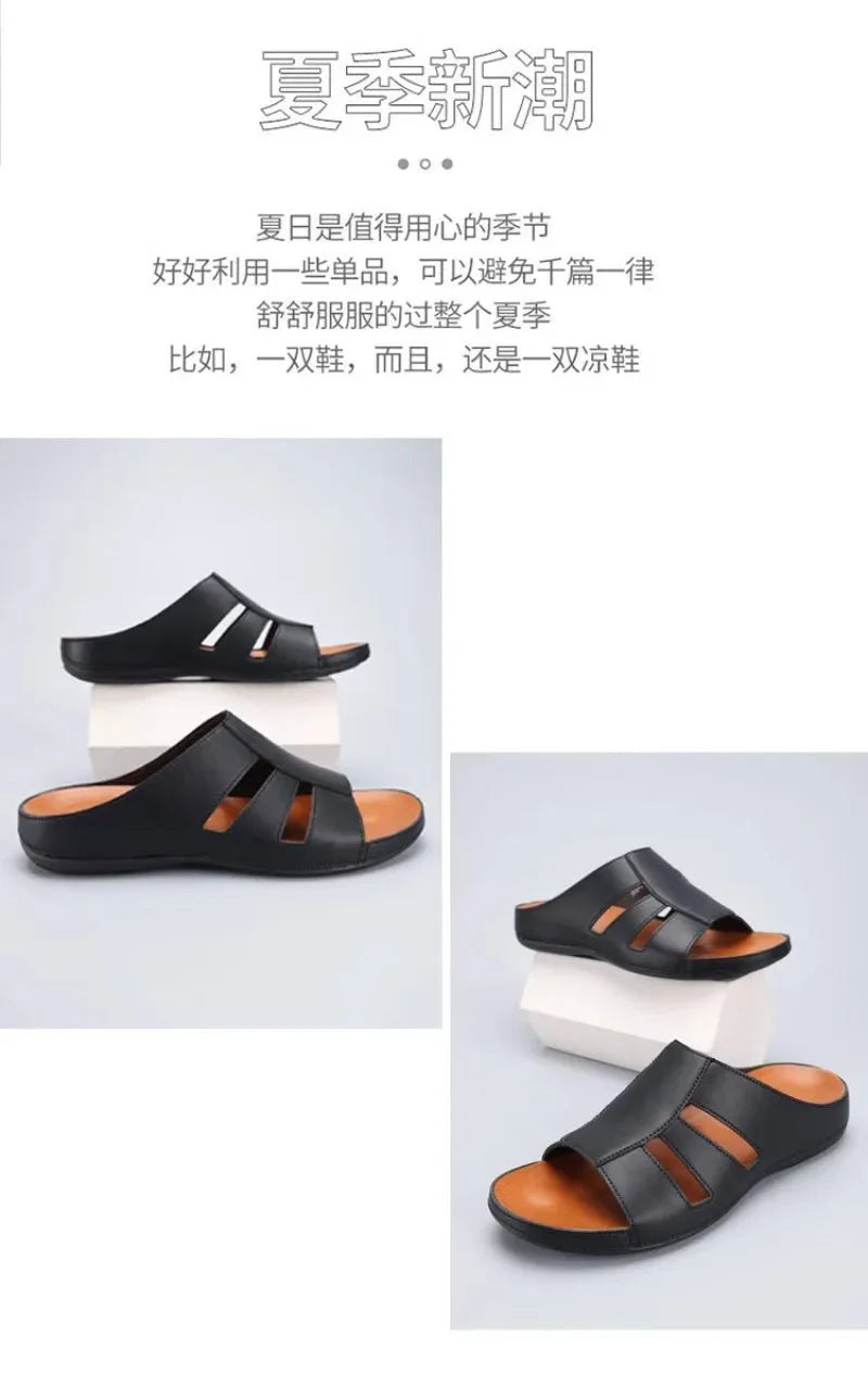 Men's luxury handmade leather peep-toe slippers by TrendLux Wear, casual beach slides in EU size 40-46, with soft leather straps.
