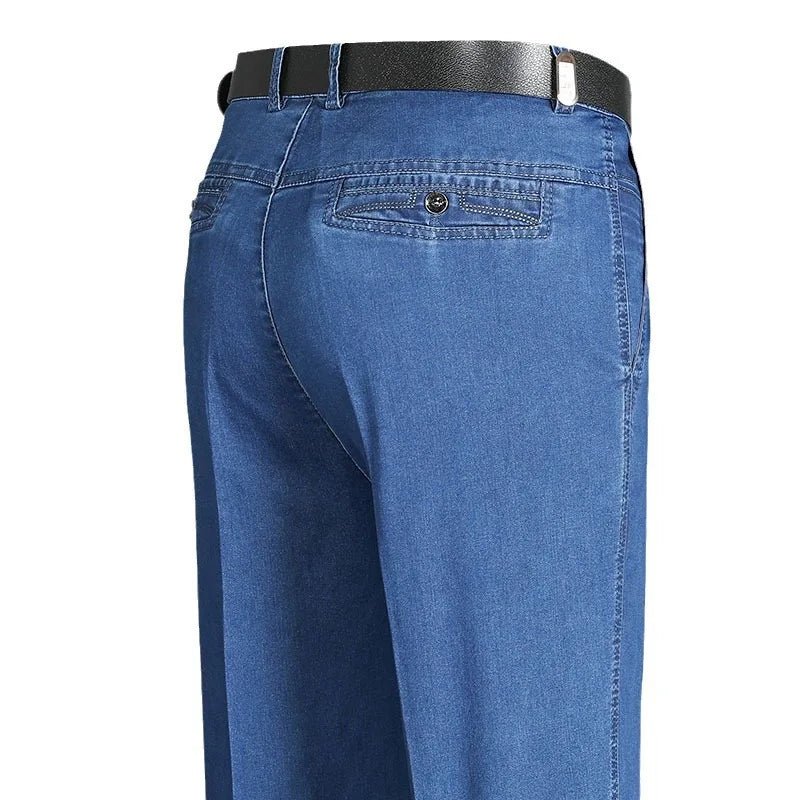 Men's high-waist straight-leg cargo jeans by TrendLux Wear with elastic waistband, perfect for spring and summer casual wear.