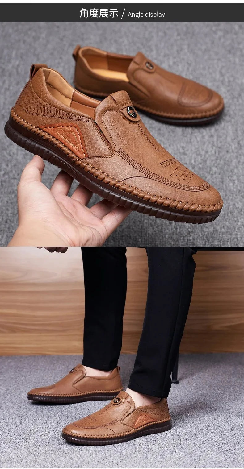 Men's genuine leather slip-on loafer sneakers by TrendLux Wear featuring a breathable soft sole and casual moccasin design.