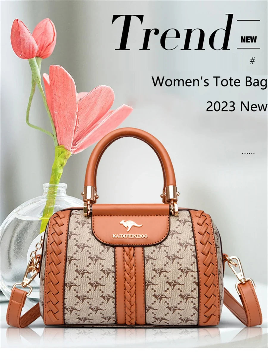 Brown semi-woven handbag with a braided design, dual handles, and an adjustable shoulder strap. Features a kangaroo logo.