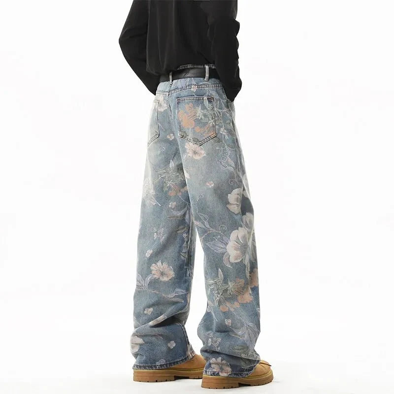 Men's retro floral print jeans by TrendLux Wear, loose wide-leg denim pants with hip-hop style, casual for couples and daily wear.