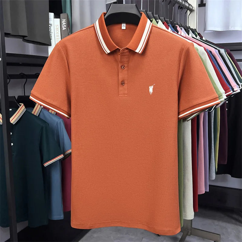 Orange short sleeve polo shirt with white striped collar, three-button placket, and small horse embroidery on chest.