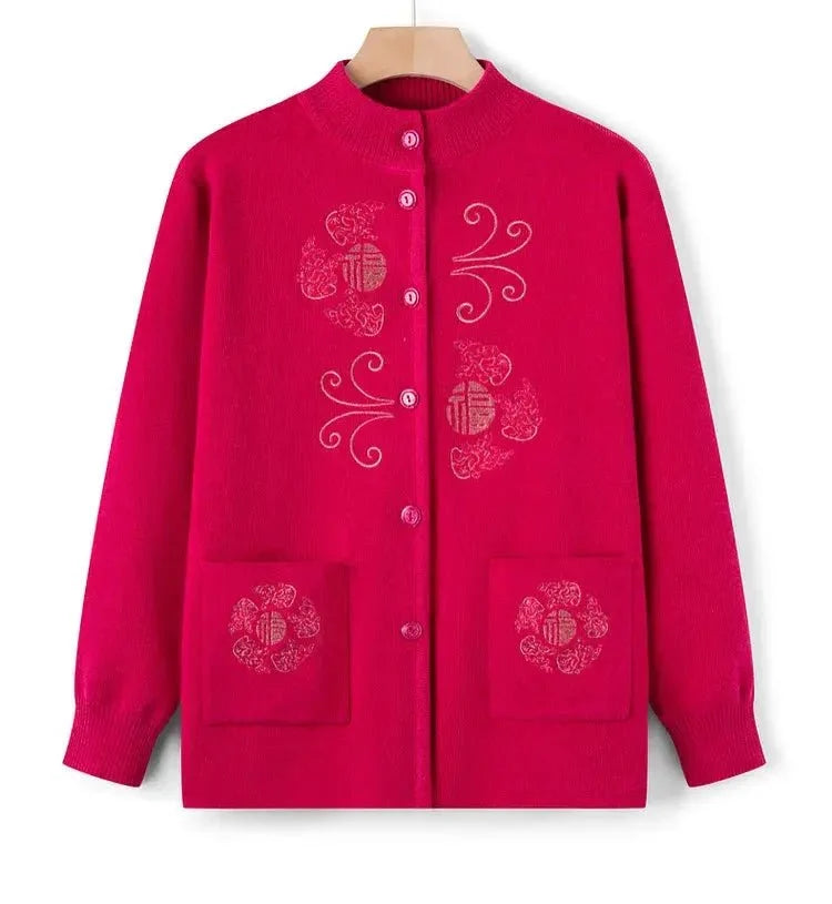 Women's vintage printed knit cardigan from TrendLux Wear, featuring a cozy knitwear design with colorful floral patterns.