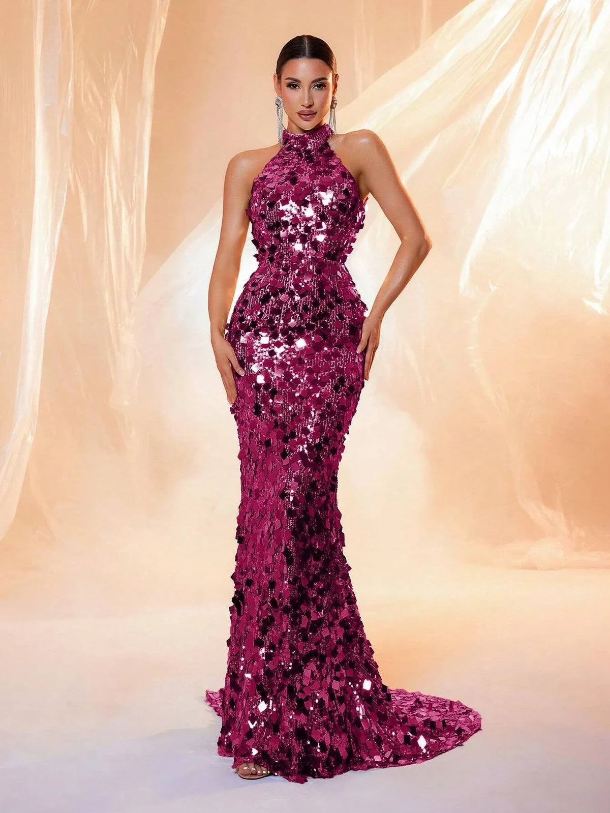 Brown Sequin Halter Backless Maxi Evening Dress - TrendLux Wear