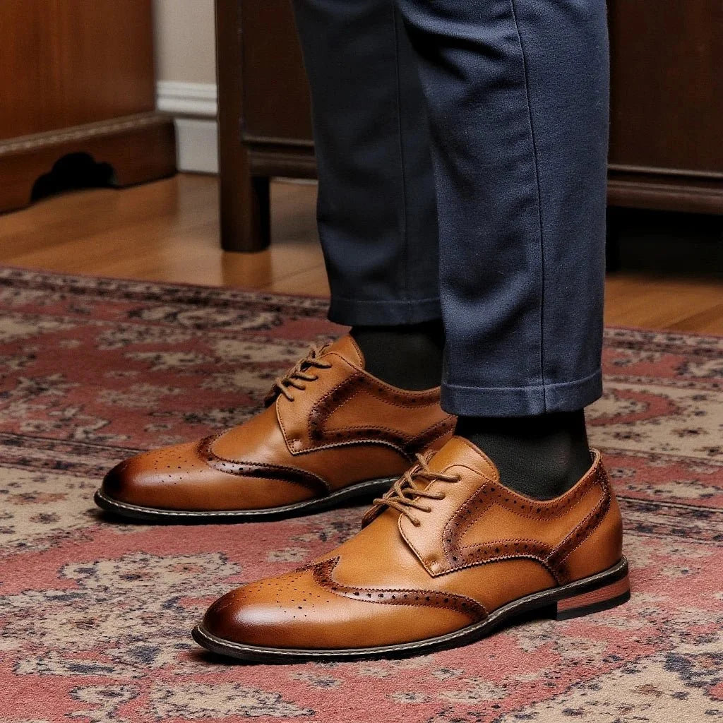 Men's black leather lace-up brogue dress shoes by TrendLux Wear, formal business oxfords with detailed perforations.