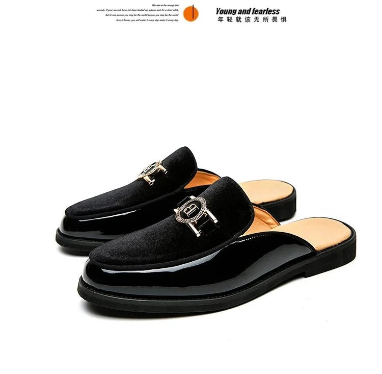 Men's black faux suede slip-on mules by TrendLux Wear, breathable summer loafers, casual style, available in EU sizes 35–47.