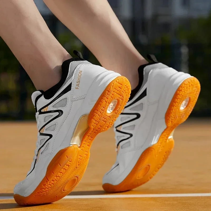 Unisex breathable athletic court sneakers by TrendLux Wear, suitable for tennis and volleyball, in various sizes.