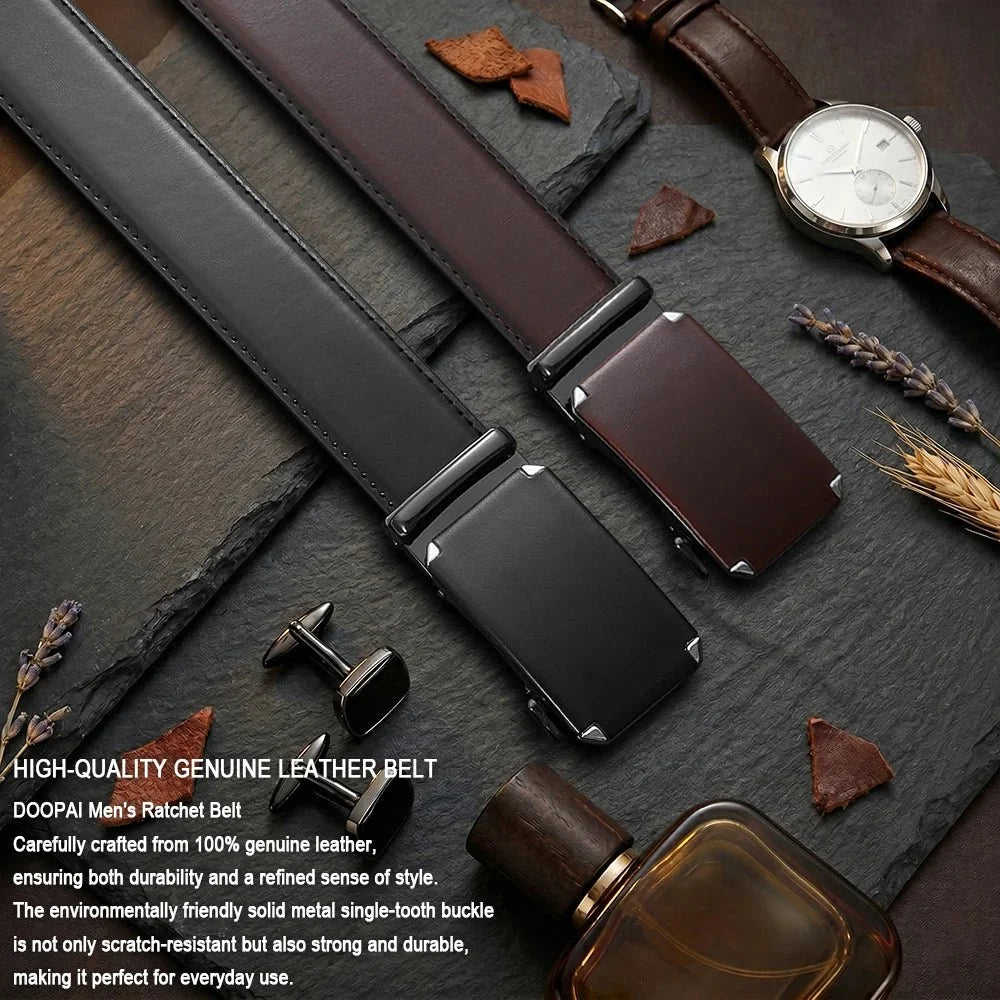 Men's leather ratchet belt with automatic buckle, adjustable waistband, in black, from TrendLux Wear, showing the sleek design and buckle detail.