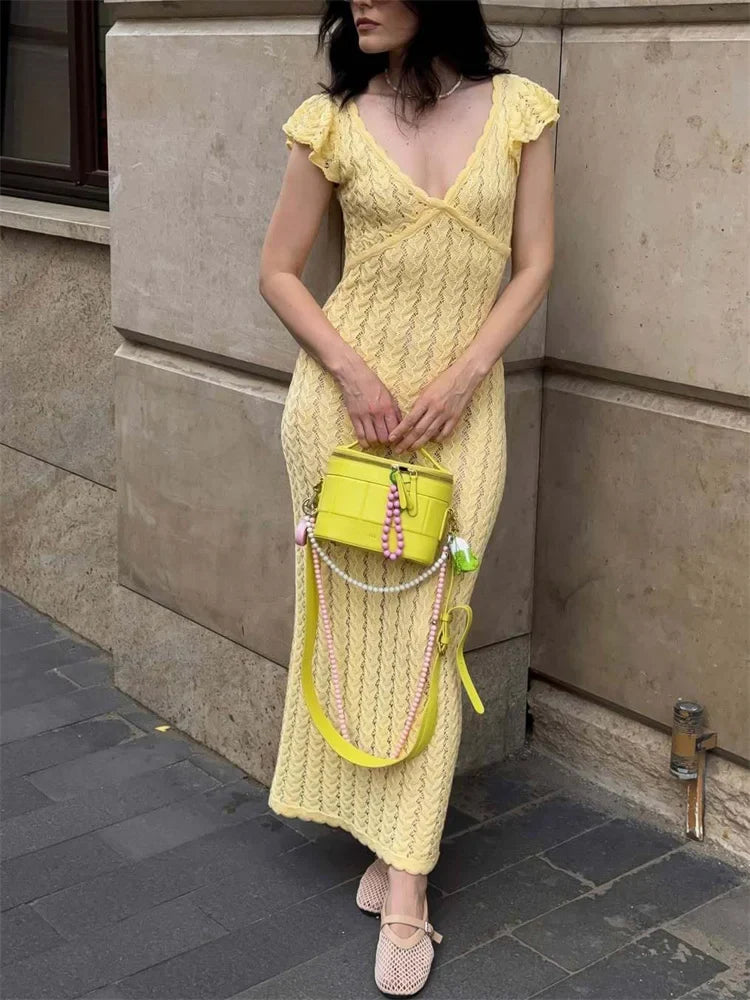 Ruffled V-Neck Hollow-Out Knit Maxi Dress
