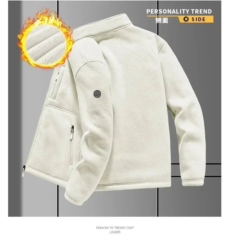 Men's fleece-lined winter jacket by TrendLux Wear, zip-up hooded casual coat in plus sizes S–6XL, front view with hood and pockets.