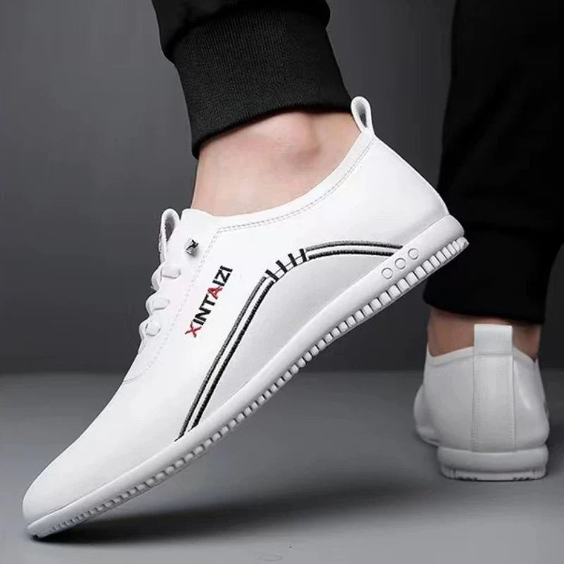 Men's soft sole leather loafers by TrendLux Wear, lightweight slip-on moccasin walking shoes, tan color, casual style