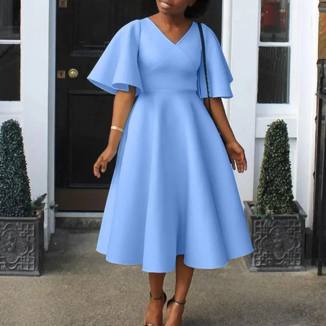 TrenLux Wear Women's Polyester High Waist Flare Sleeve Pleated A-Line Midi Dress The Glow Sanctuary