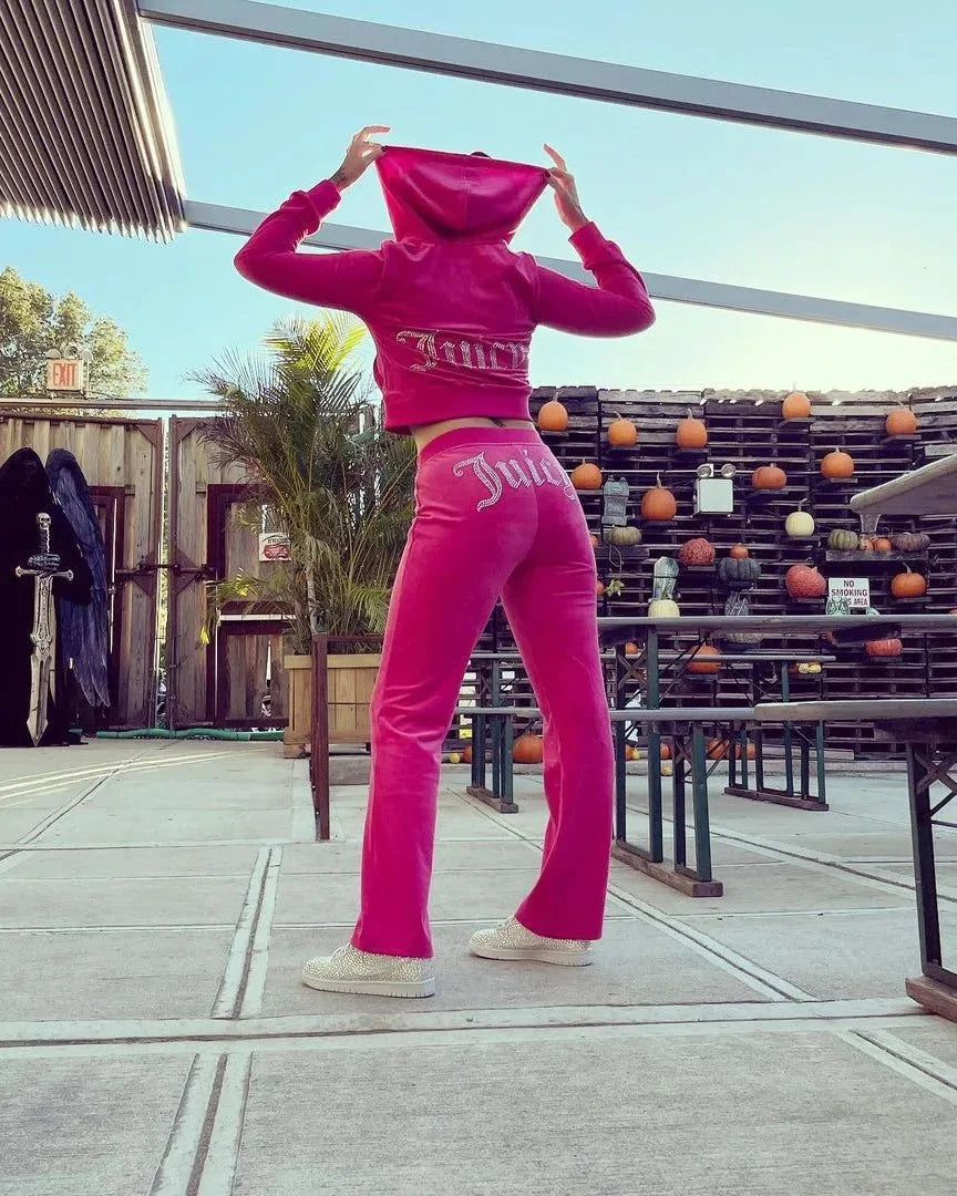 Women's Y2K two-piece hooded tracksuit by TrendLux Wear, featuring a long-sleeve jacket and flare jogger pants in vibrant style.