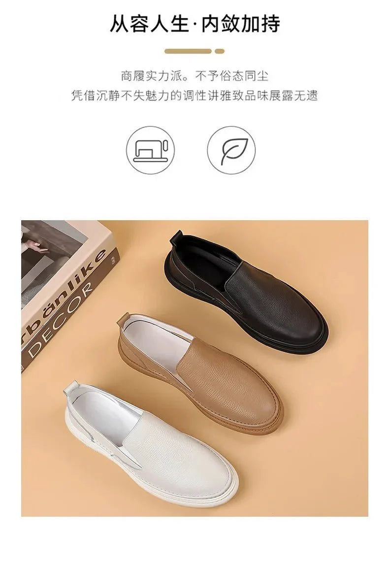 Men's genuine leather casual loafers by TrendLux Wear, slip-on flat shoes with breathable solid color design and comfortable fit.