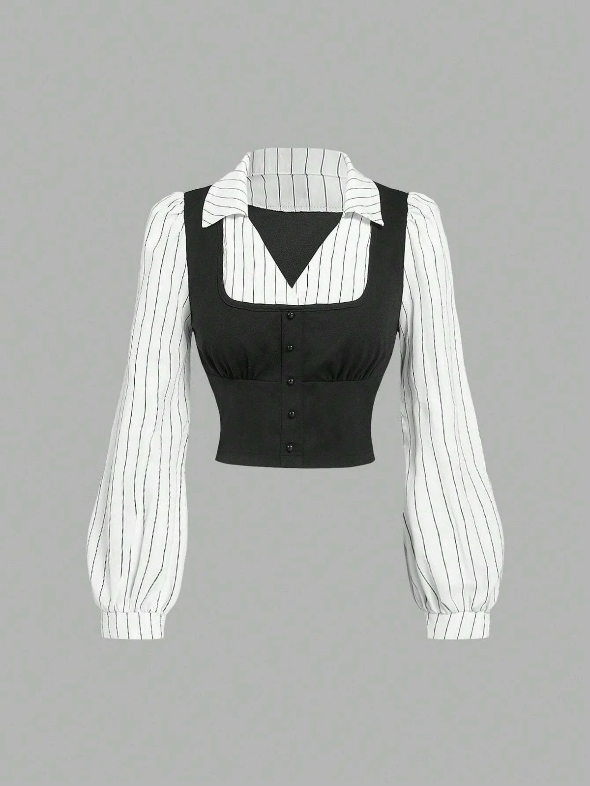 Women's striped 2-in-1 cropped shirt from TrendLux Wear featuring V-neck, lantern sleeves, perfect for spring and fall.