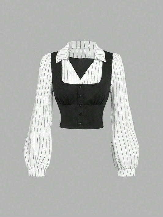 Women's striped 2-in-1 cropped shirt from TrendLux Wear featuring V-neck, lantern sleeves, perfect for spring and fall.