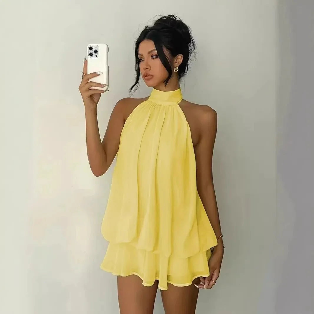 Women's backless slim-fit A-line beach dress by The Glow Sanctuary, made of polyester, featuring a stylish and elegant design.