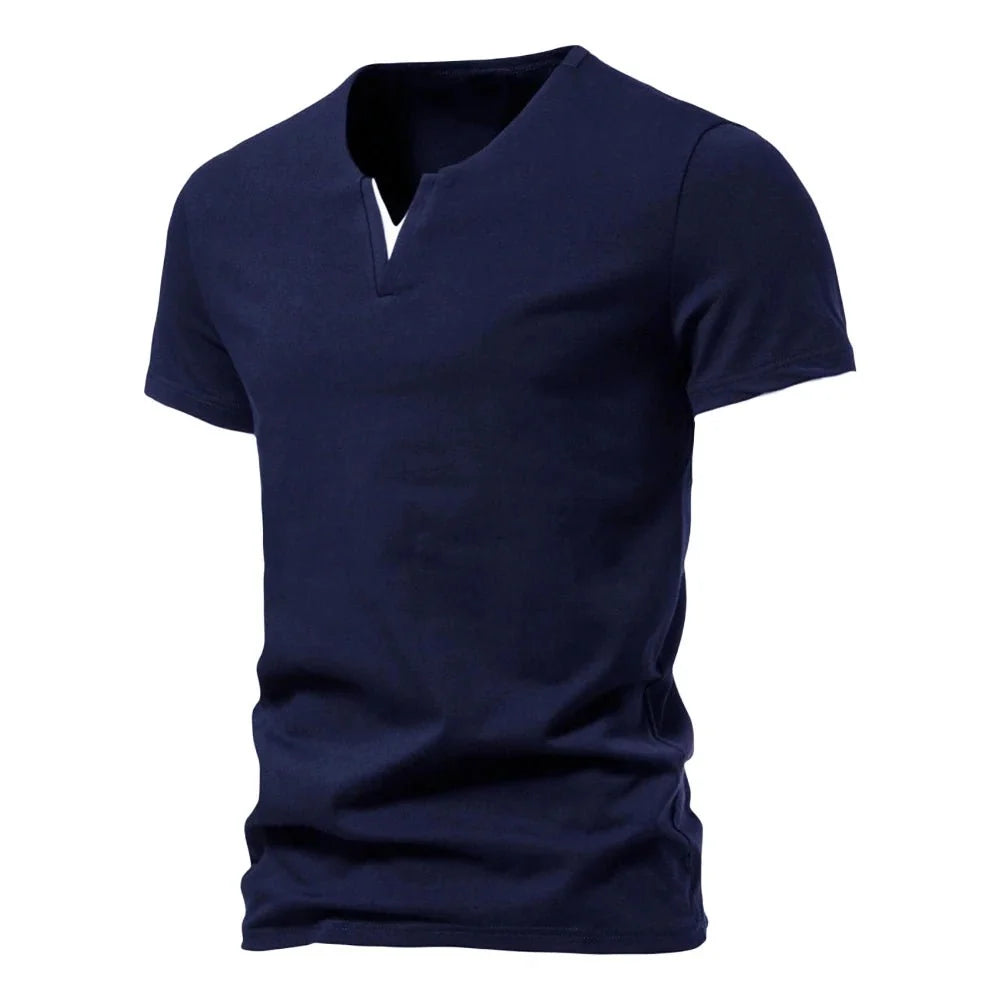 Men's slim fit Henley T-shirt from TrendLux Wear in black, white, or grey, featuring moisture-wicking and breathable fabric.