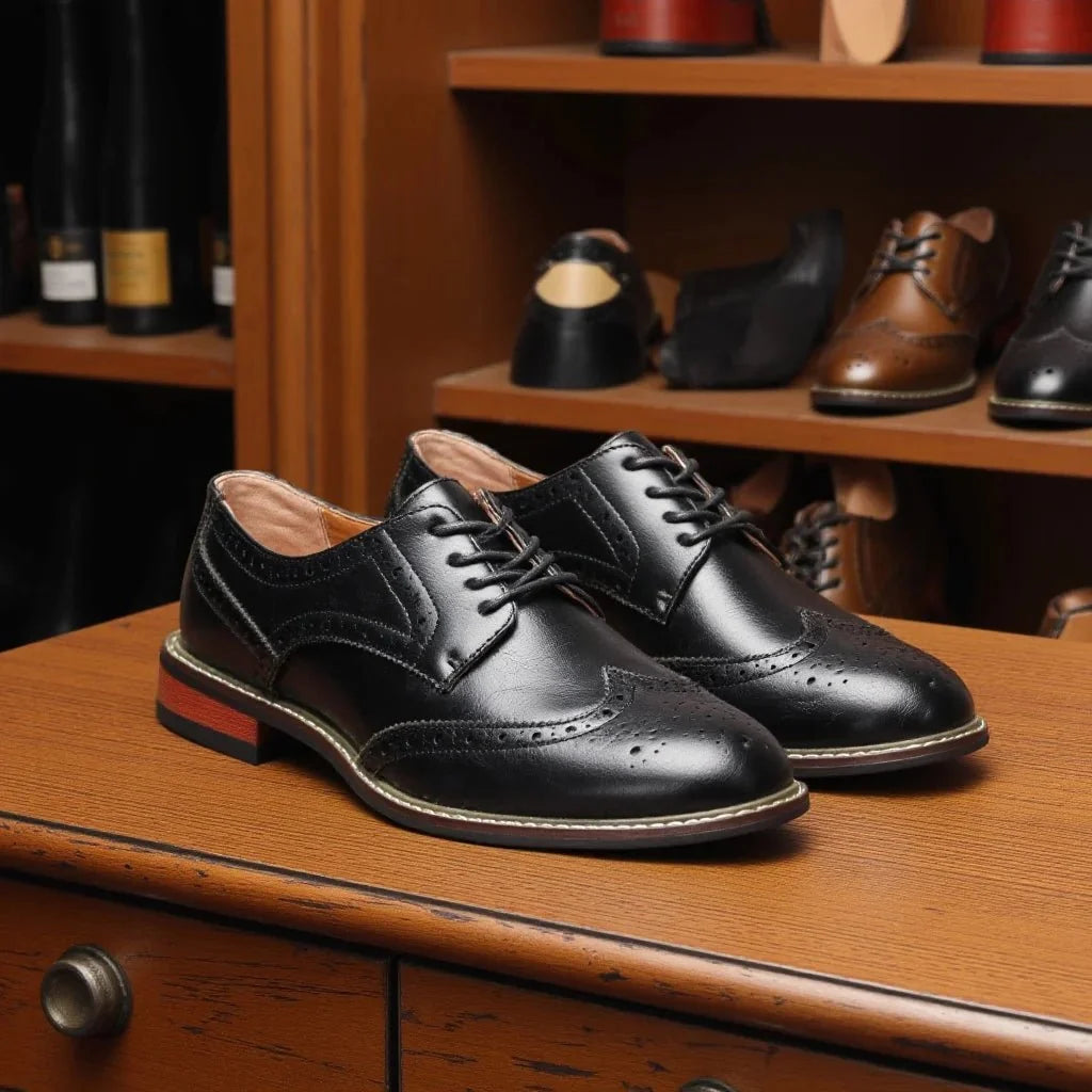 Men's black and brown leather lace-up brogue dress shoes for men, formal business Oxfords by TrendLux Wear