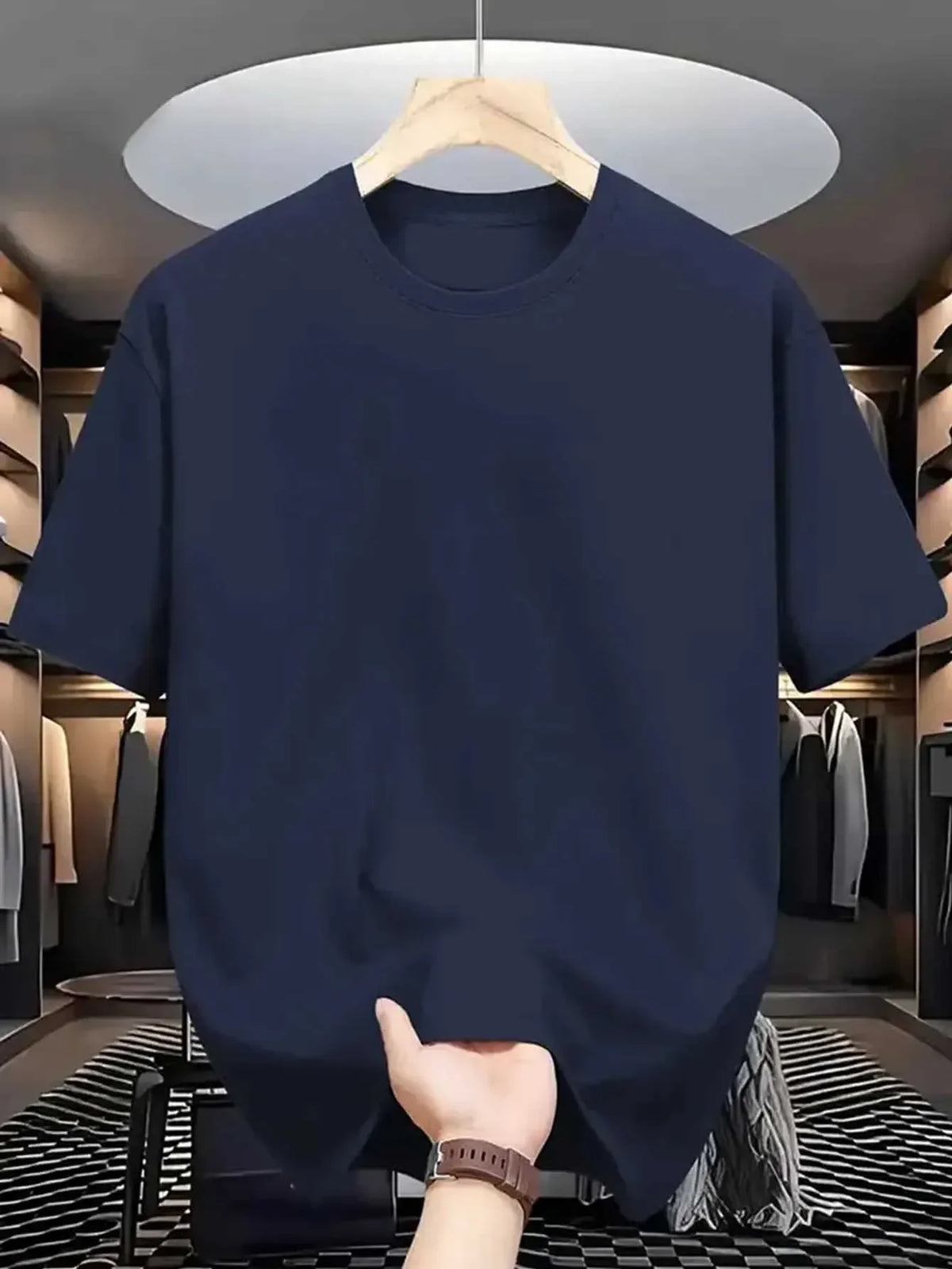 Men's TrendLux Wear crewneck T-shirt in black, red, khaki, or navy, soft breathable polyester fabric, available in sizes S to XXL.