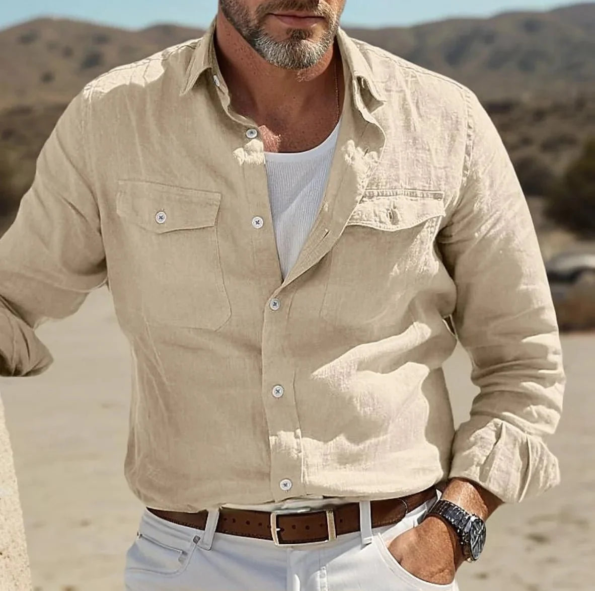 Men's casual linen and denim shirt by My Store 5, featuring button-up design, suitable for business and everyday wear.