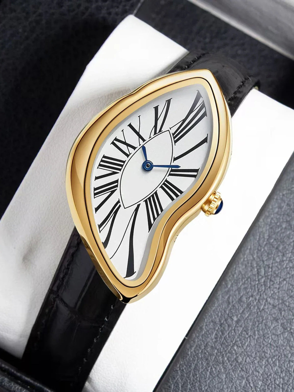 Women's Retro Y2K TrendLux Wear watch with irregular alloy case, leather strap, and quartz movement, stylish and unique design.