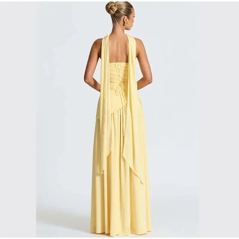 Women's Strapless Backless Maxi Dress with Ribbon Scarf - TrendLux Wear