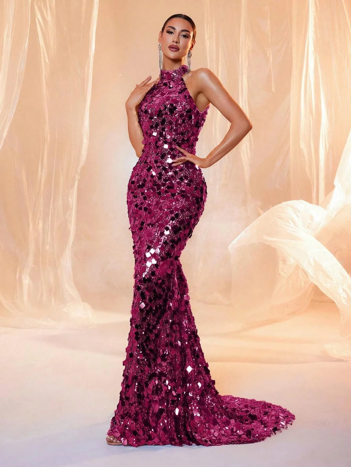 Brown Sequin Halter Backless Maxi Evening Dress - TrendLux Wear