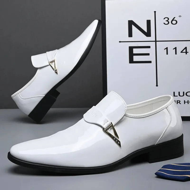 Men's black patent leather pointed toe loafers by TrendLux Wear, slip-on dress shoes for business casual and formal occasions.